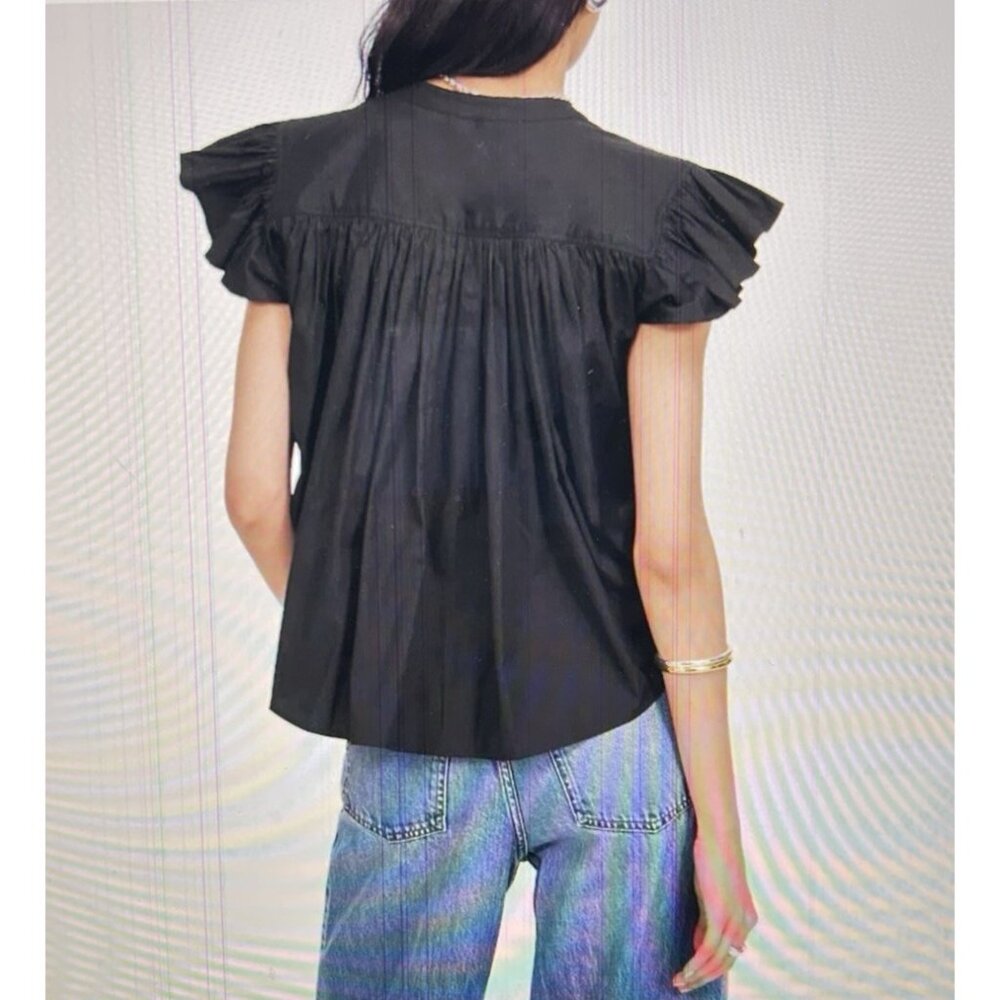 Madewell Poplin Shirred Button-Up Shirt Black Ruffle Sleeve Relaxed Fit Size XL - Picture 2 of 11